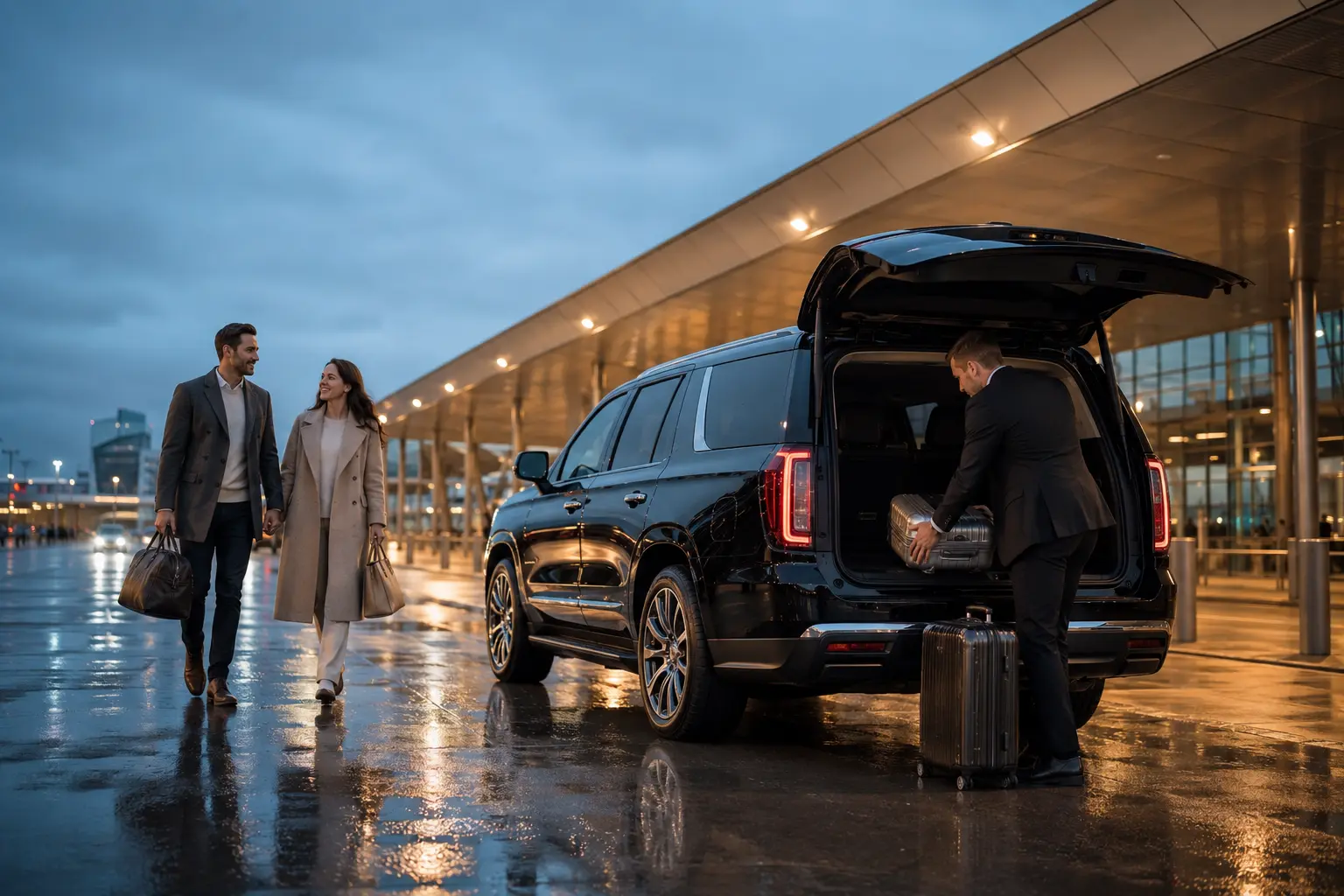 Chauffeured sedan positioned outside a Toronto airport terminal for a private airport transfer