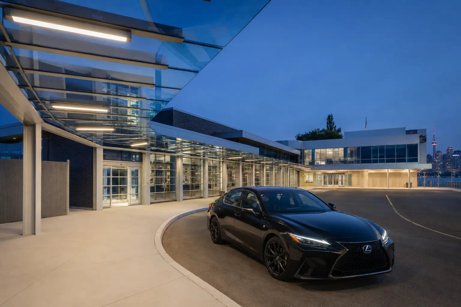 Private black car near an urban airport setting