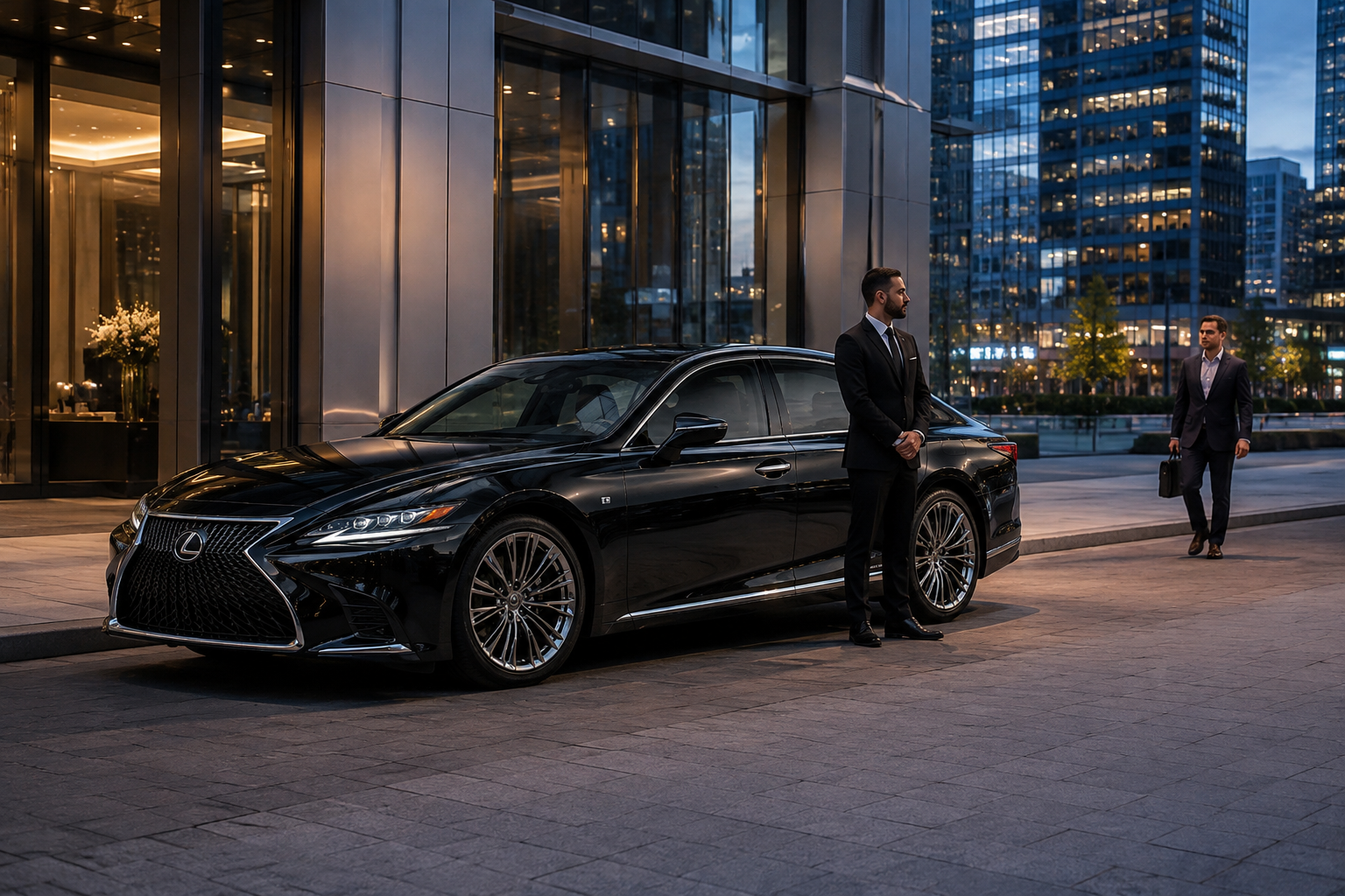 Business traveler stepping into a private vehicle outside an office building for corporate transportation in Toronto