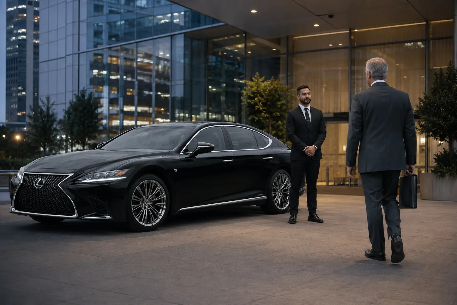 Chauffeur standing beside a private vehicle prepared for an executive chauffeur Toronto point-to-point trip