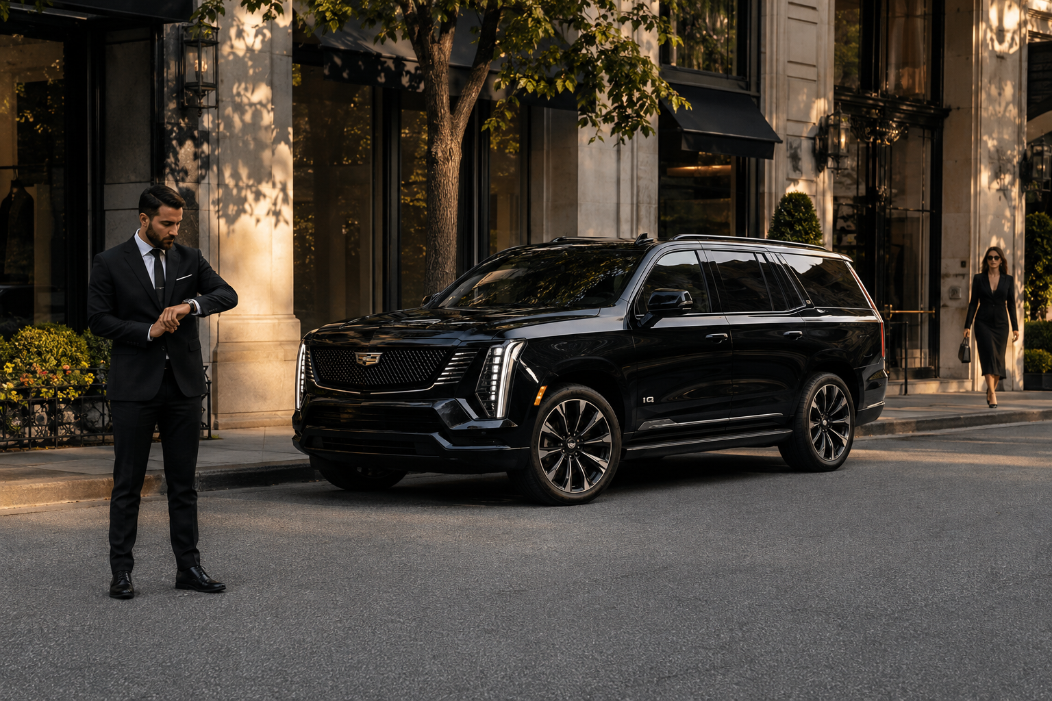 Chauffeured vehicle waiting curbside for an hourly chauffeur Toronto reservation
