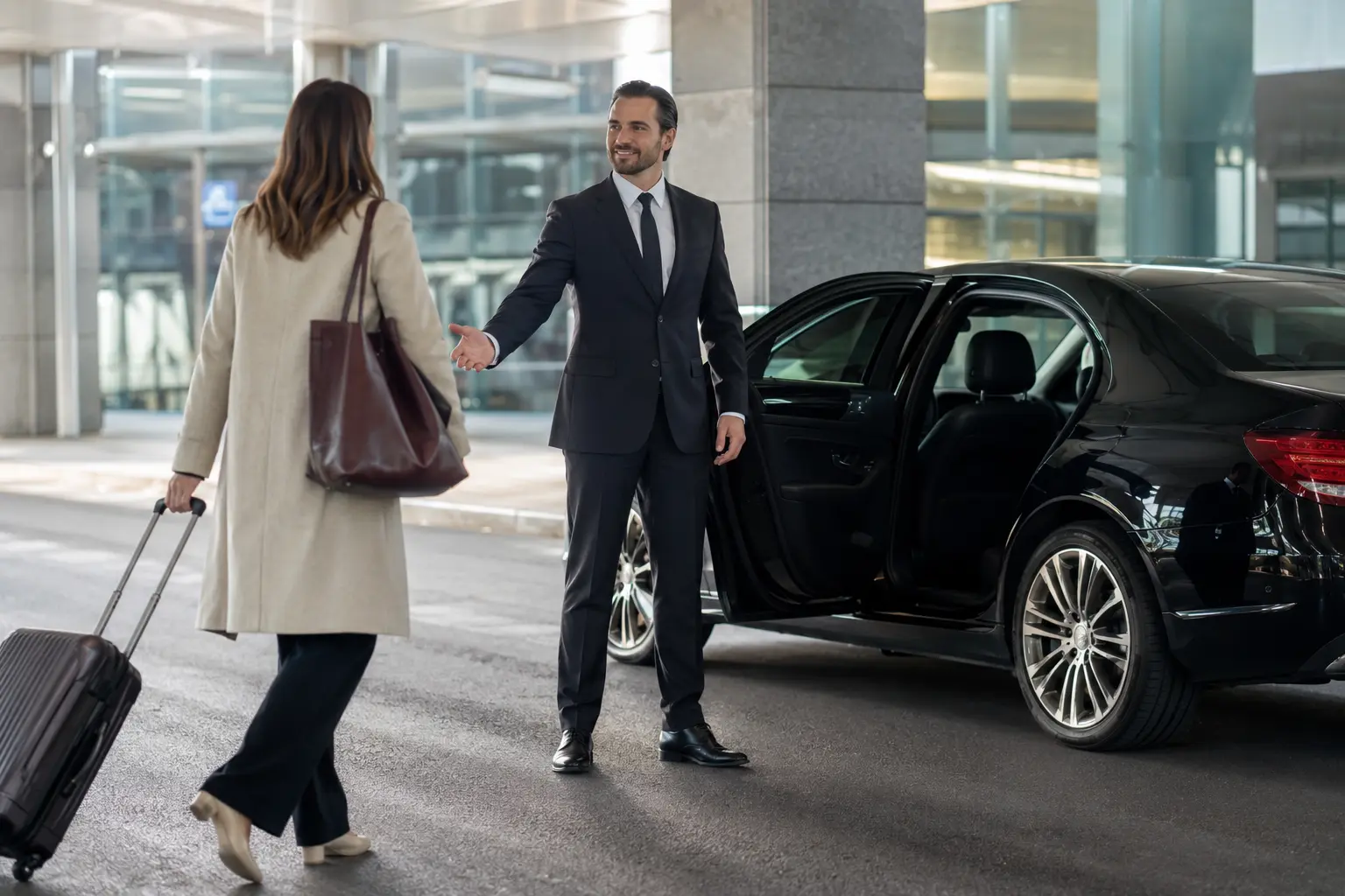 Chauffeur meeting an arriving passenger with luggage near an airport arrivals area during airport transfers Toronto pickup
