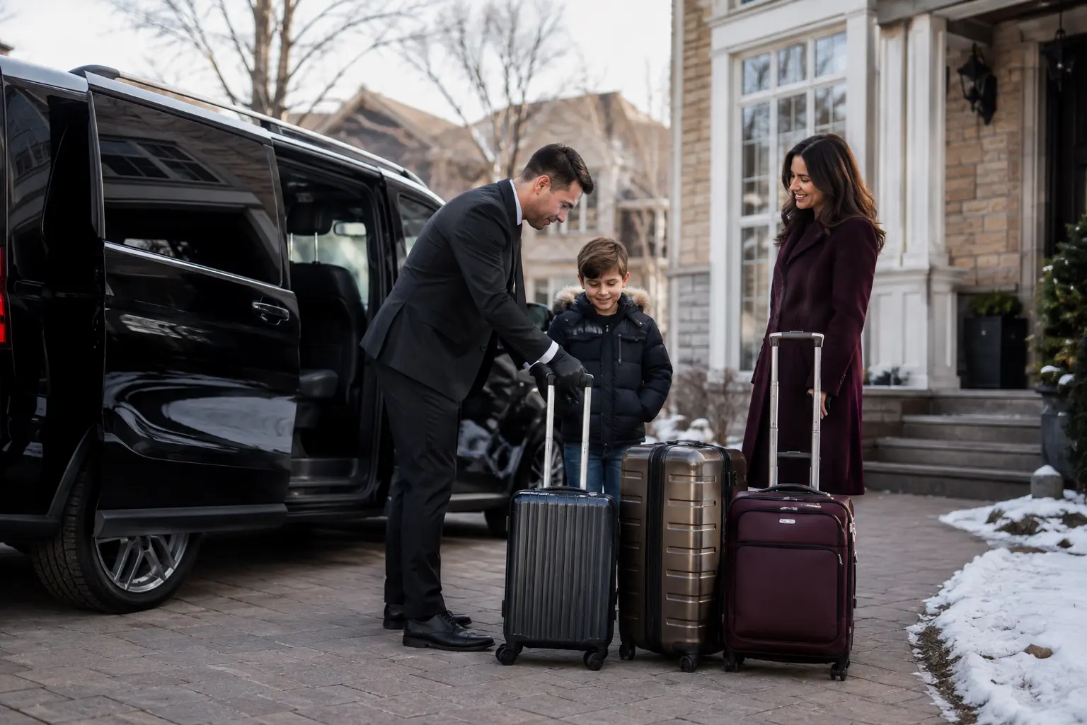 Family with children and luggage preparing to board a private vehicle for an airport transfer