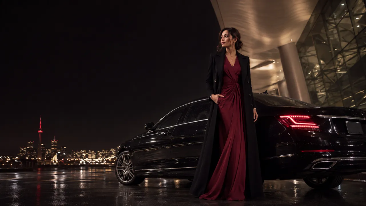 Elegantly dressed traveler beside a black luxury sedan for Toronto Airport Limo Service